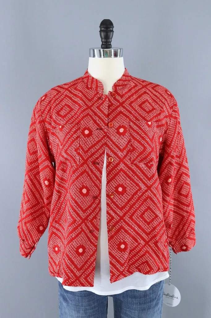 Vintage Kimono Silk Shirt Jacket / Red and White Shibori