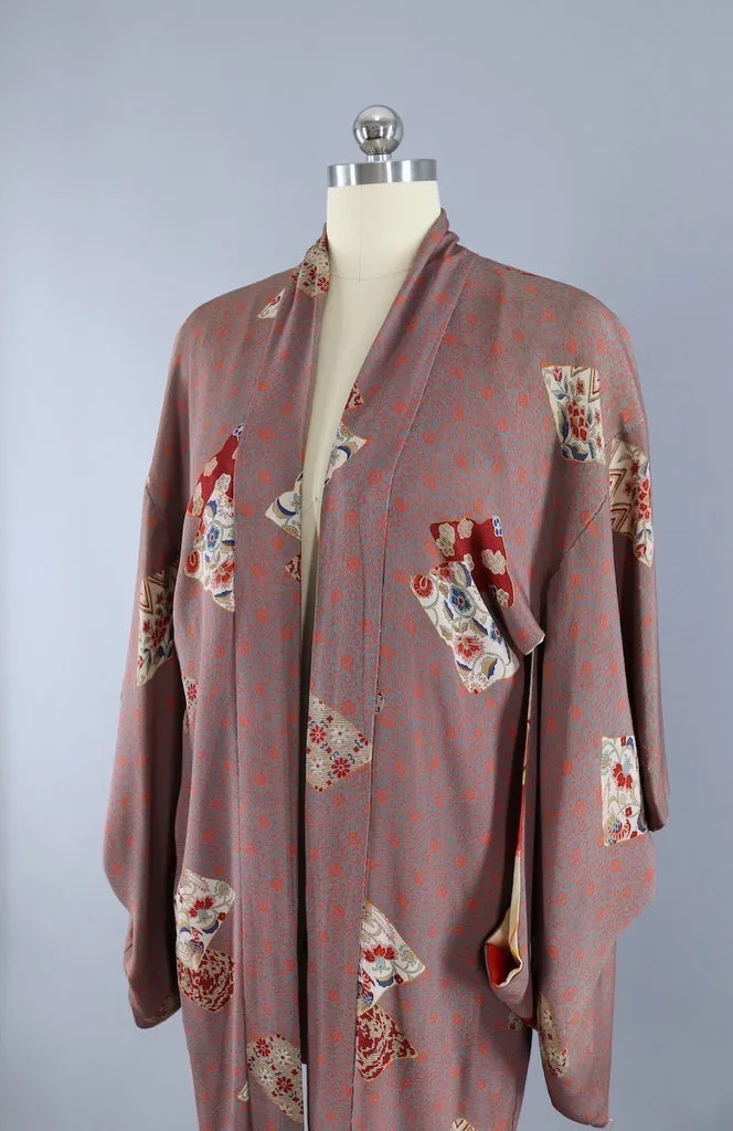 Vintage Silk Kimono Jacket / Grey & Orange Floral Print