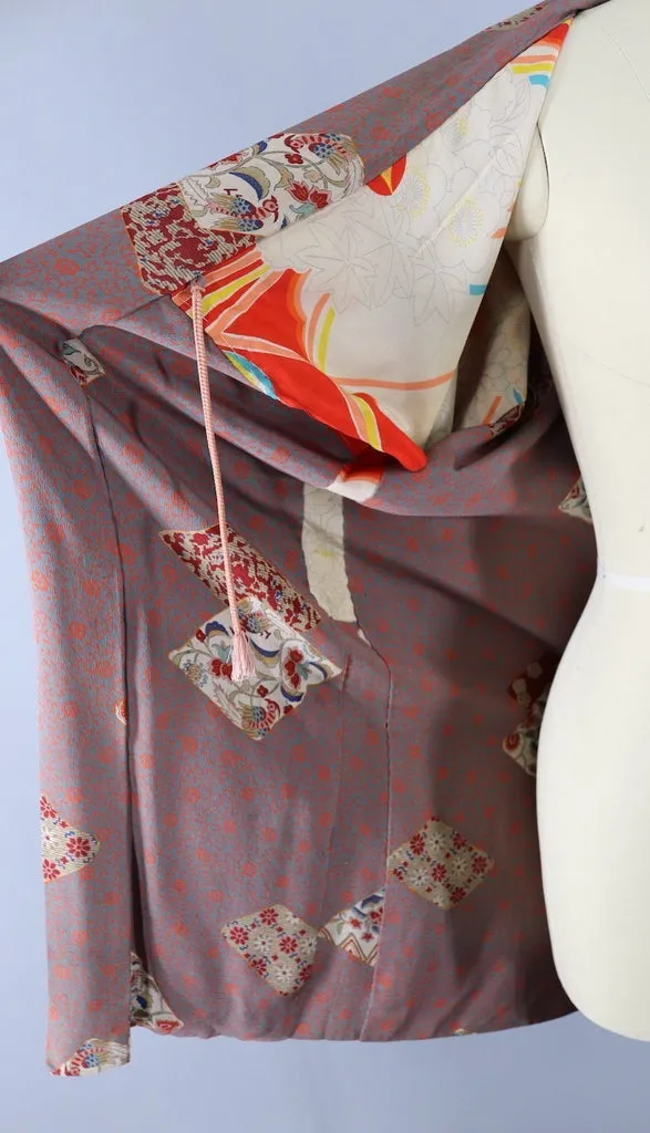 Vintage Silk Kimono Jacket / Grey & Orange Floral Print