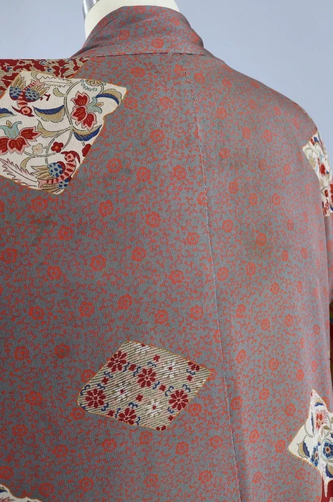 Vintage Silk Kimono Jacket / Grey & Orange Floral Print