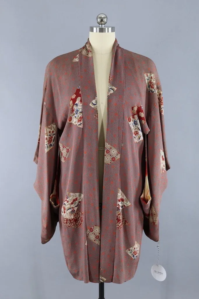 Vintage Silk Kimono Jacket / Grey & Orange Floral Print