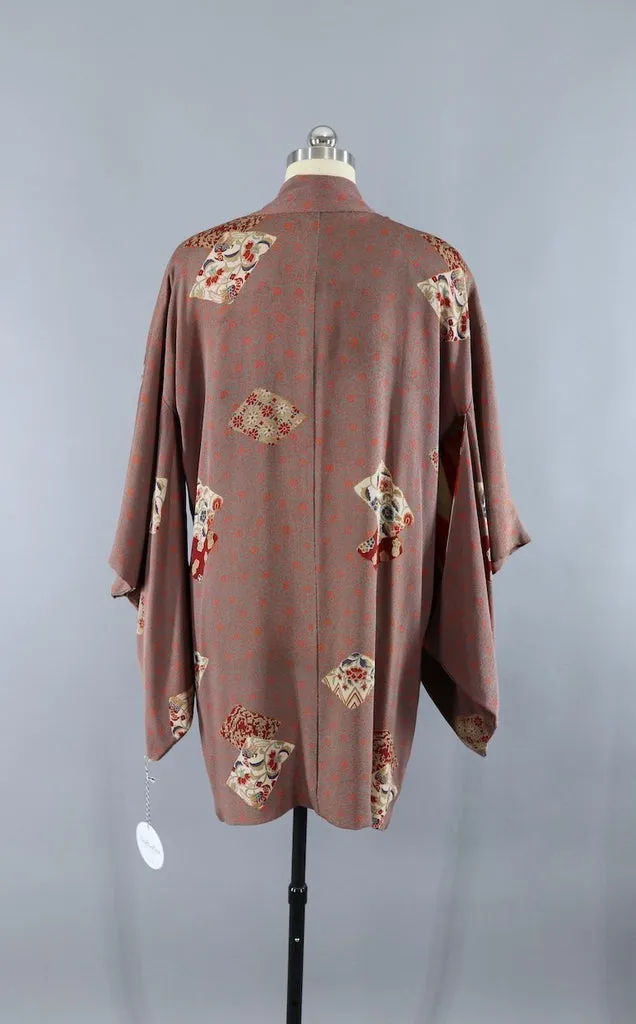 Vintage Silk Kimono Jacket / Grey & Orange Floral Print