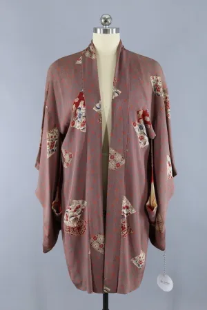 Vintage Silk Kimono Jacket / Grey & Orange Floral Print