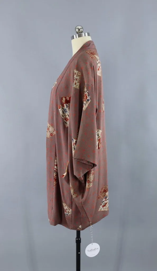 Vintage Silk Kimono Jacket / Grey & Orange Floral Print