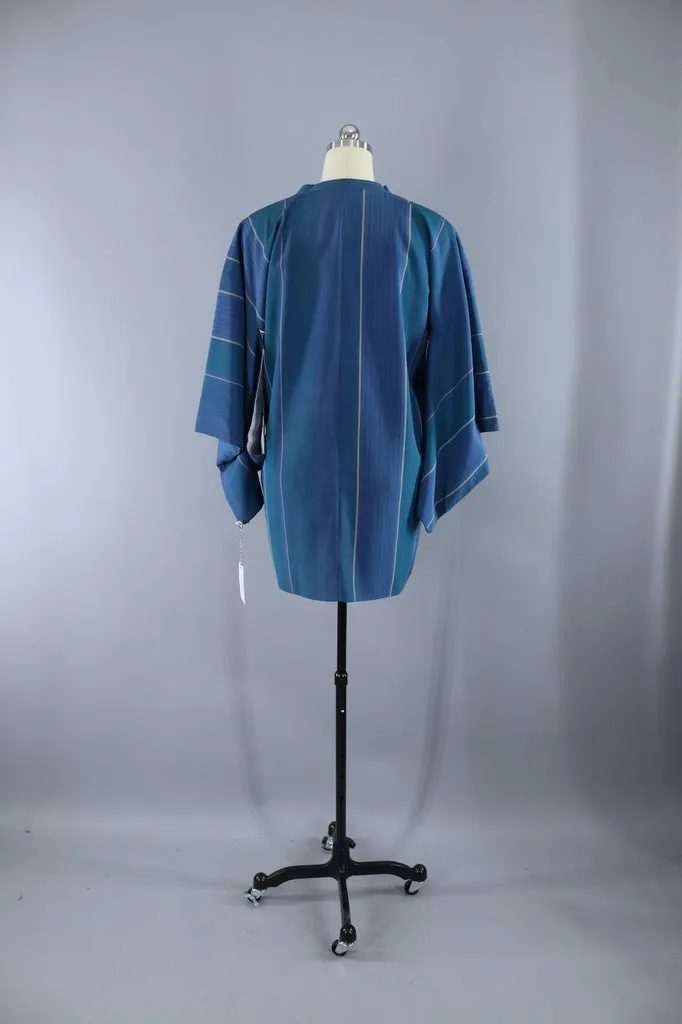 Vintage Silk Kimono Jacket - Teal Blue Green Stripes