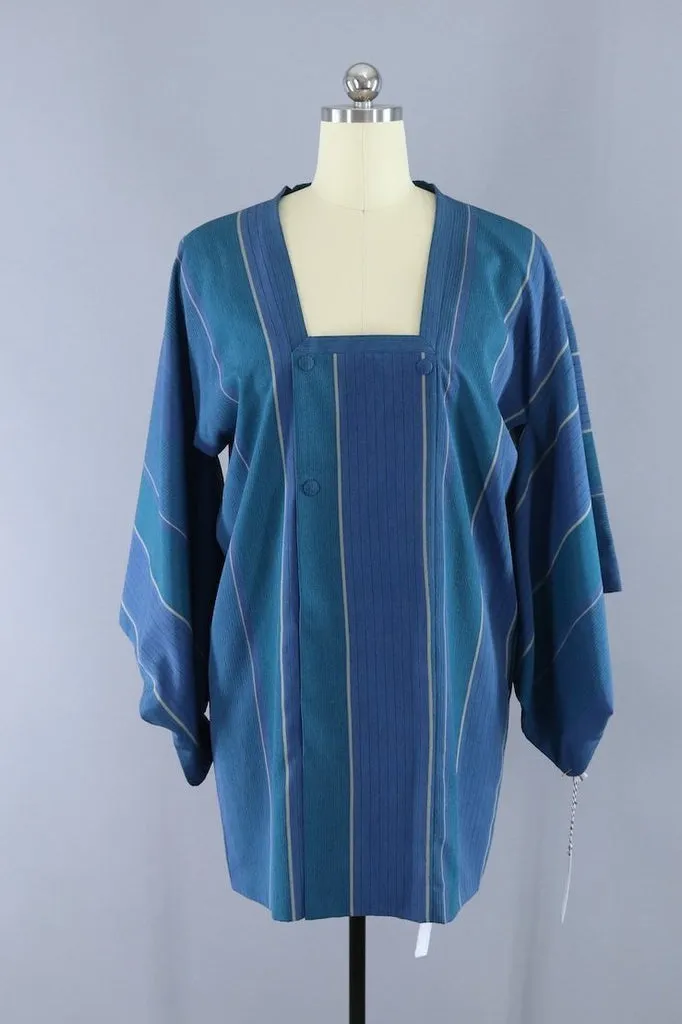 Vintage Silk Kimono Jacket - Teal Blue Green Stripes