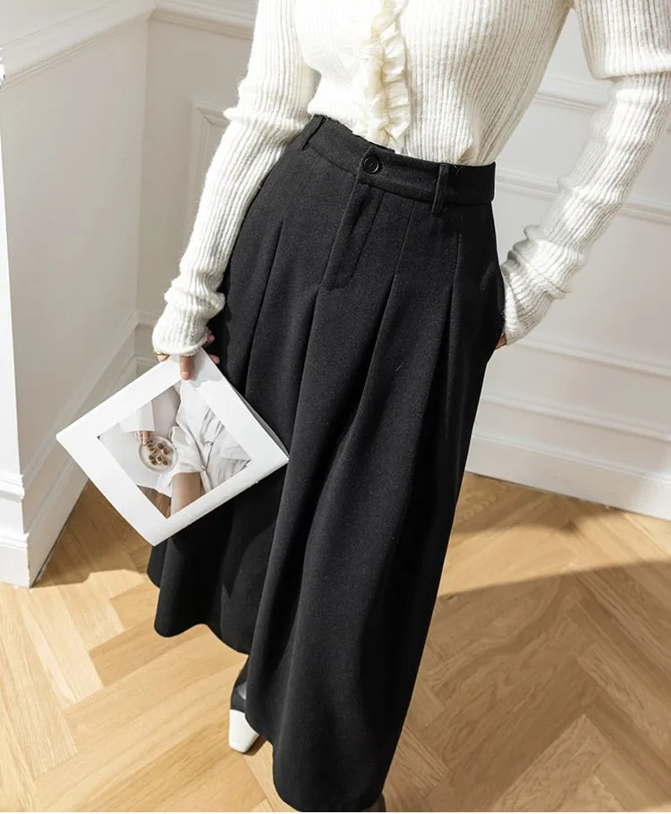 Women Skirts For Female Pockets Casual Loose A-Line High Waist Midi Skirt Autumn - WSK0308