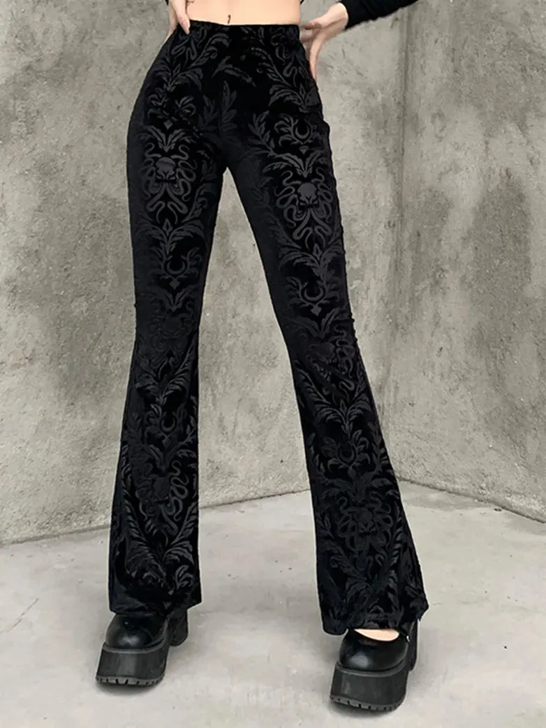 Women Victorian Goth Suede Embossed Flared Pants