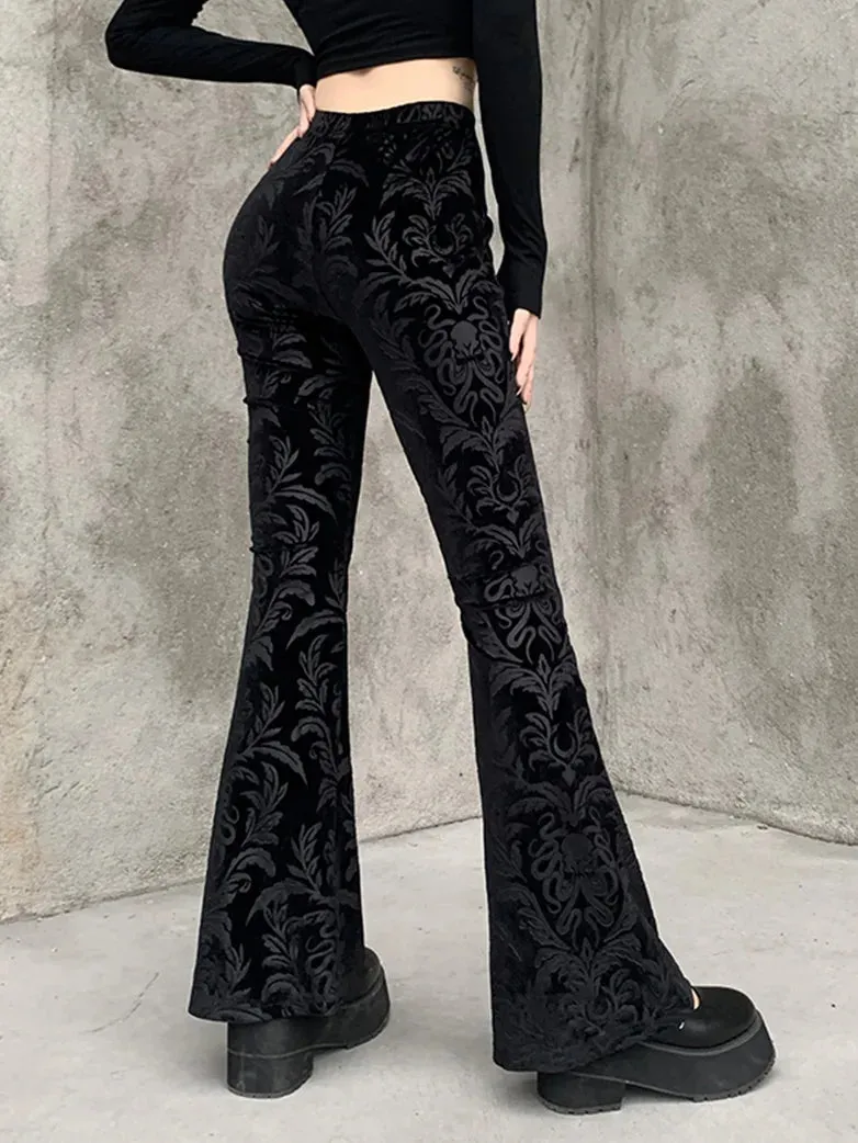 Women Victorian Goth Suede Embossed Flared Pants