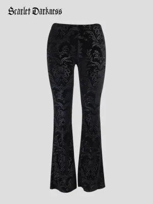 Women Victorian Goth Suede Embossed Flared Pants