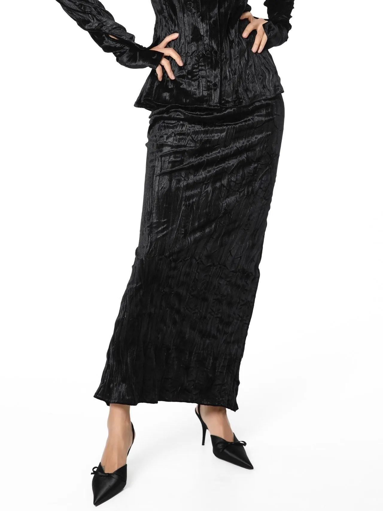 WRINKLE VELVET PENCIL SKIRT