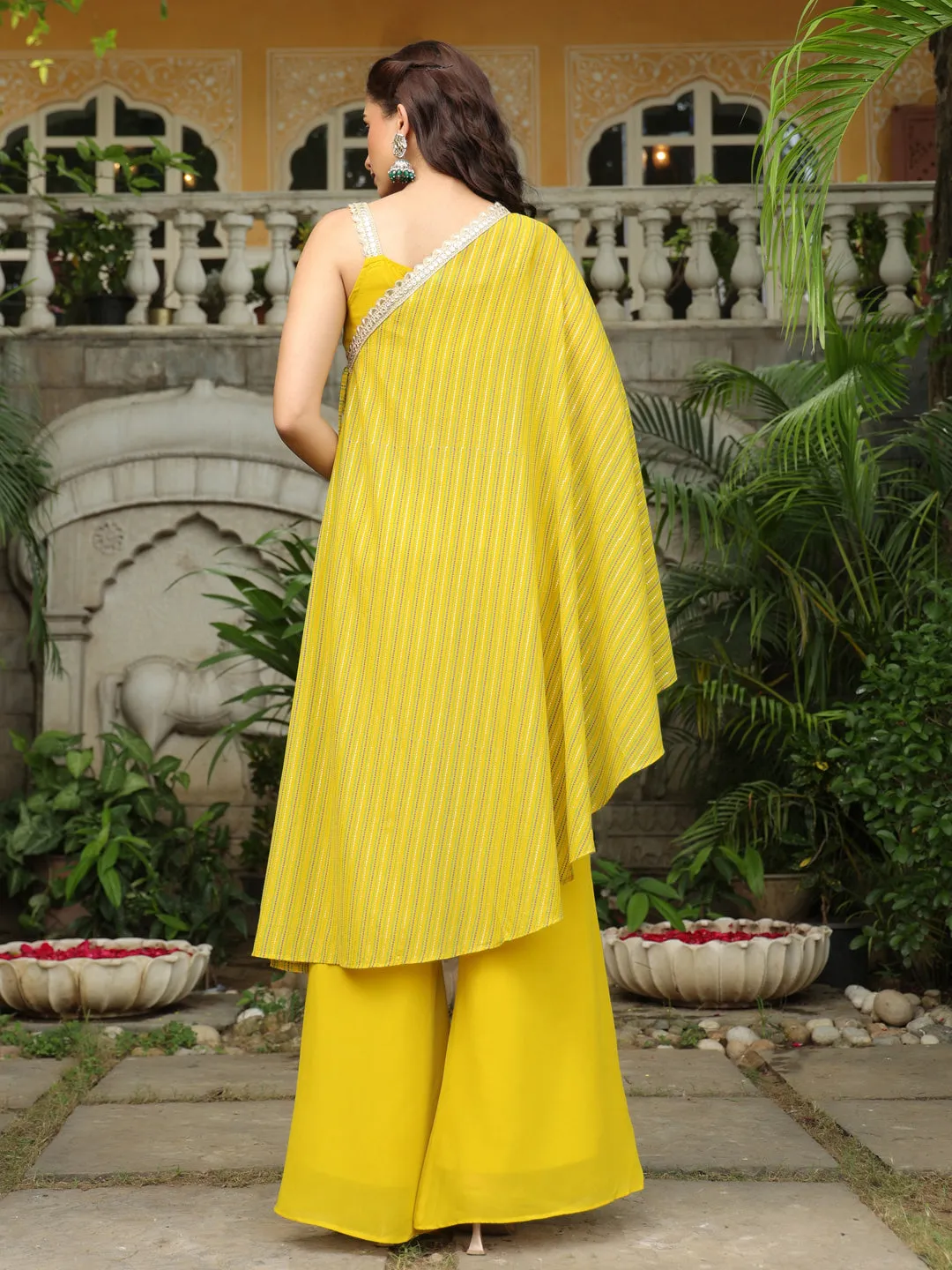 Yellow Embellished Top With Pant and Cape Set